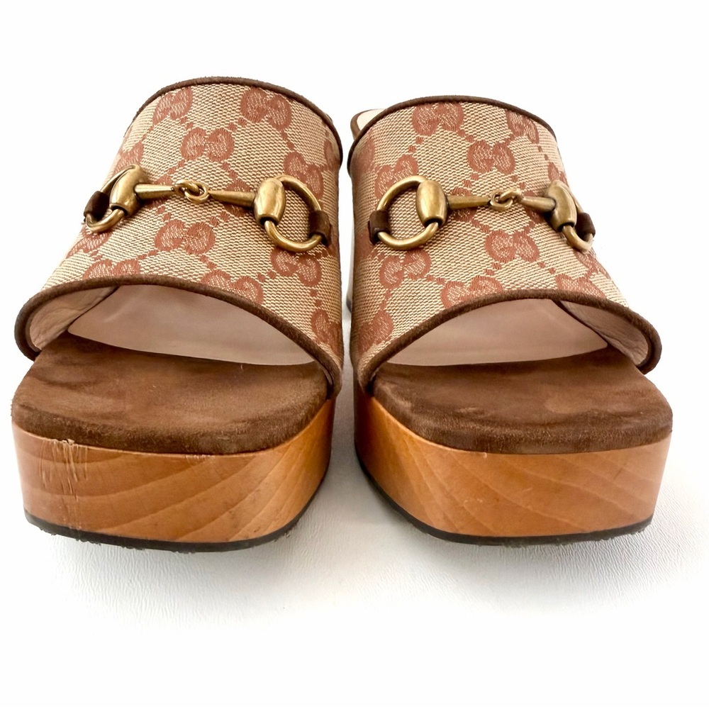 GUCCI || GG Canvas Horsebit Platform Mule Sandals EU 38 Brown Wood Heel - Picture 4 of 12